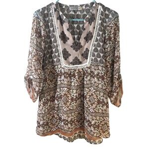 Figueroa & Flower Boho Geometric Floral Sheer Blouse Size M 3/4 Sleeve Flowy